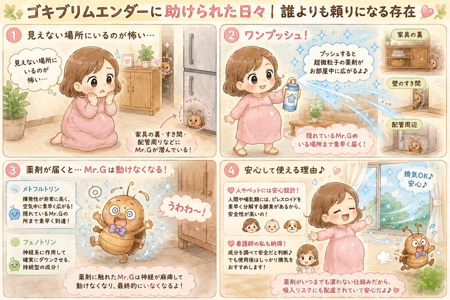 ゴキブリムエンダーの成分の仕組みと安全性を解説した4コマ漫画
